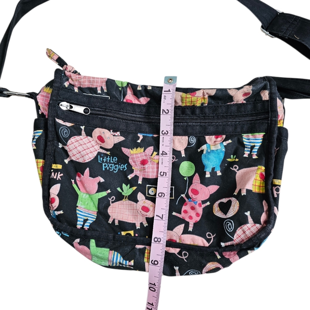 Little Piggies Womens Black Canvas Crossbody Bag Whimsical Archival Statement - Picture 6 of 7
